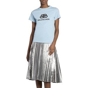 Metallic Pleated Wool Blend Midi Skirt In Silver